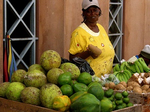 Bredfruit and other produce on sale in Kingstown market