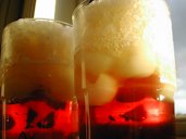 Longans sandwiched between lingonberry jelly and green tea granita